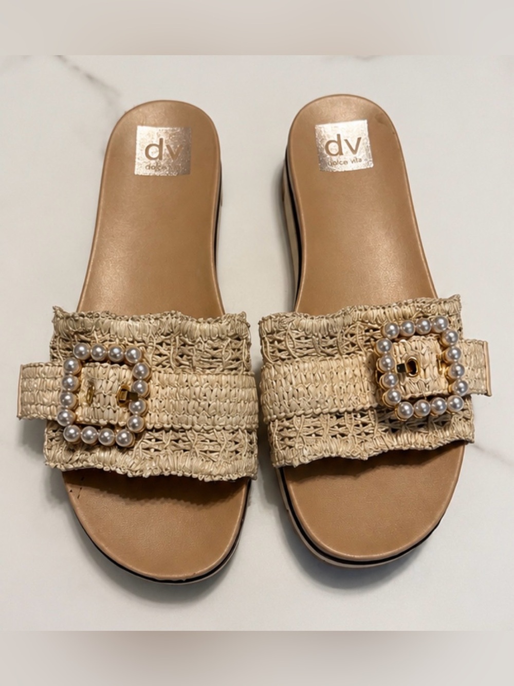 Dolce Vita Natural Raffia Pearl-Buckle Slide Sandals